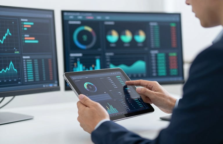 A person in a professional suit using a tablet to monitor real-time system diagnostics, emphasizing expert support and human oversight, in a clean, bright setting.