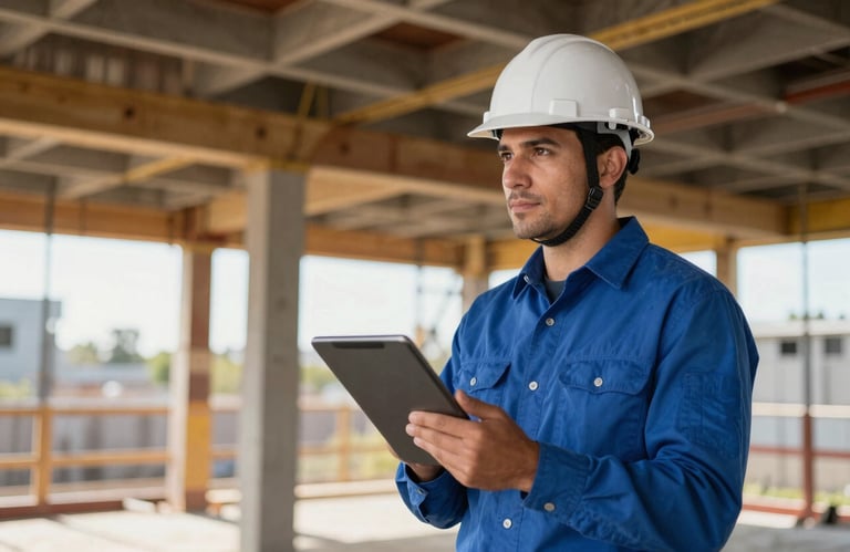 A North American / Mexican site engineer in a blue shirt and white hard hat, holding a digital tablet, looking at a construction framework, professional and confident look, daylight.