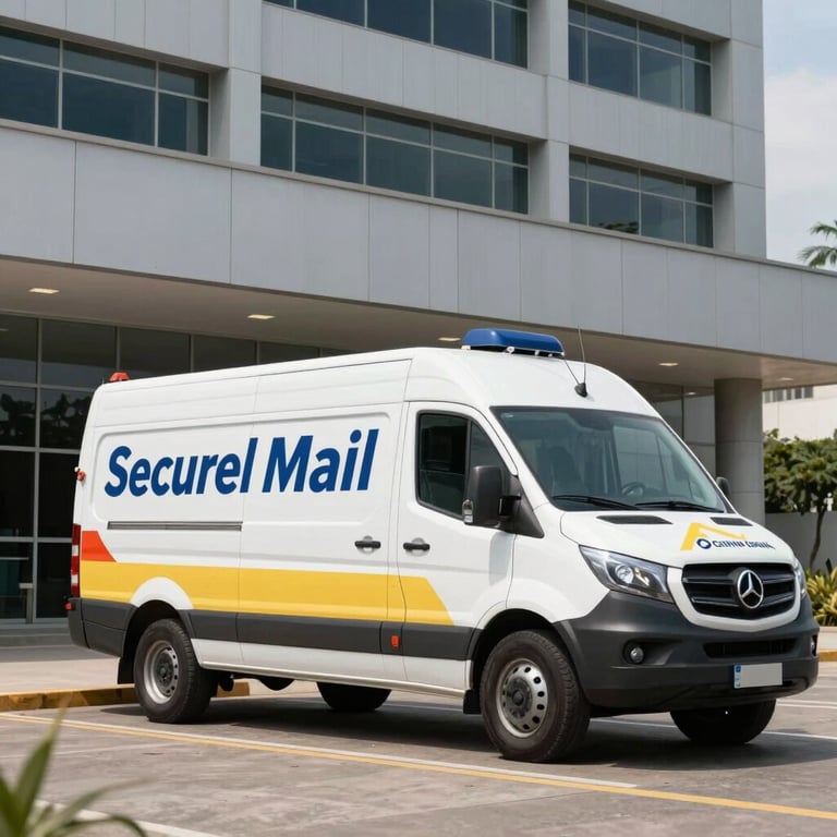 A specialized transport vehicle for secure mail, branded with professional colors, parked in front of a modern South American / Brazilian corporate building. The composition is clean and technical, shot in broad daylight.
