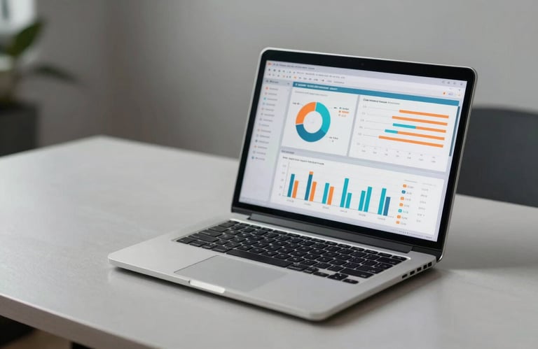 A professional photograph of a laptop displaying data charts with orange and cyan accents on a light gray desk in a South American business setting. Minimalist and organized.