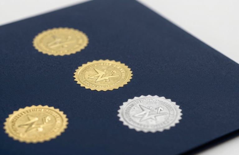 Close-up of official aviation certification documents with gold and silver embossed seals on a clean, professional dark surface (#0A1C2B). High trust and authoritative feel.