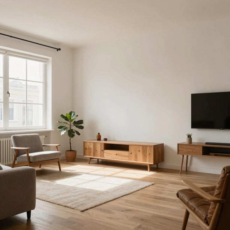 Modern custom-made wooden furniture in a stylish living room setting.