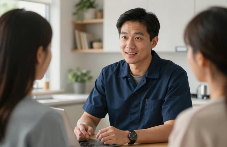 A professional technician in a deep navy blue uniform talking politely with a customer in a North American / US residential setting, showing expert care.