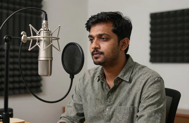 A focused South Asian man in a casual shirt recording audio into a professional studio microphone in a home setup with sound-proofing panels visible.