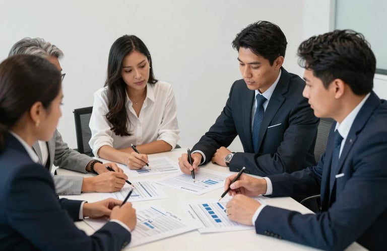 A team of South American professionals in a meeting room collaborating over communication charts, soft white and navy blue palette.