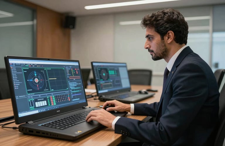 A professional IT specialist in corporate attire working on a sophisticated audio-visual control panel in a modern Middle Eastern / Gulf boardroom.