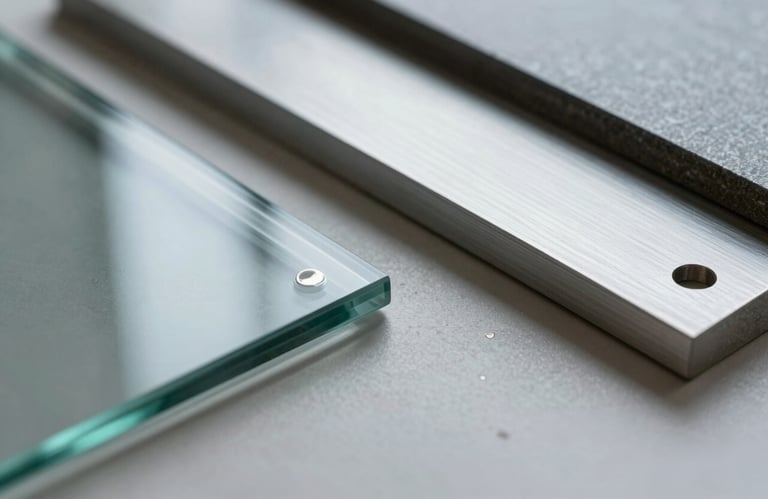 A detailed close-up of high-end architectural materials including glass, steel, and light silver blue metal samples arranged neatly.