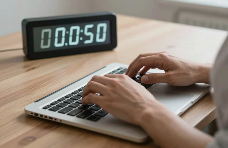 A close-up shot of hands typing on a laptop with a digital clock on the desk showing the early morning hours, symbolizing fast delivery and dedication.