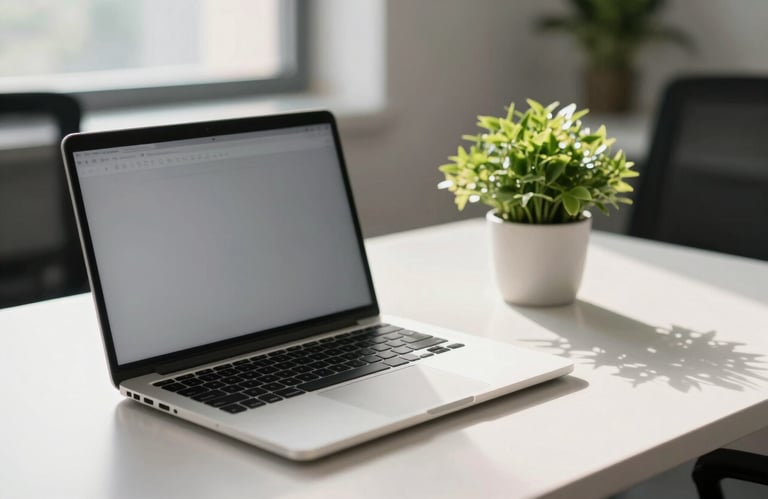 A professional photography shot of a sleek silver laptop next to a small green plant on a clean white desk, illuminated by soft morning light in a Lahore office.