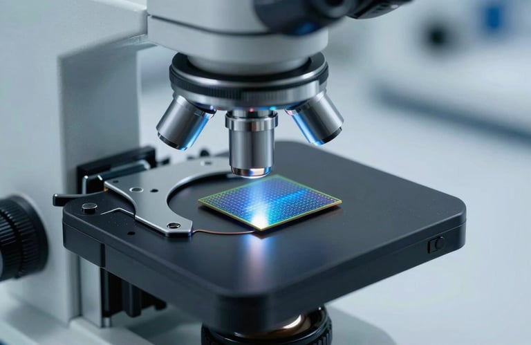 A laboratory setting with a high-powered microscope examining a silicon wafer, reflecting metallic steel blue light.