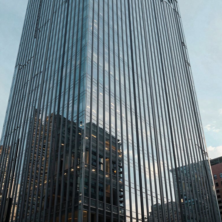 The exterior of a modern skyscraper in a North American downtown area with glass panels reflecting a pale blue sky. Strategic and professional composition.