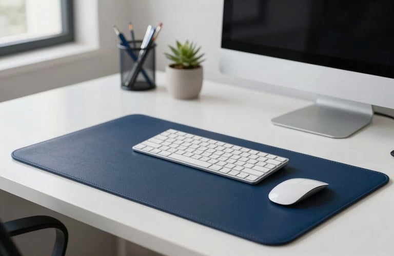 A clean, modern workspace in a South American / Brazilian city, symbolizing clarity and financial organization, with navy blue and pearl white tones.