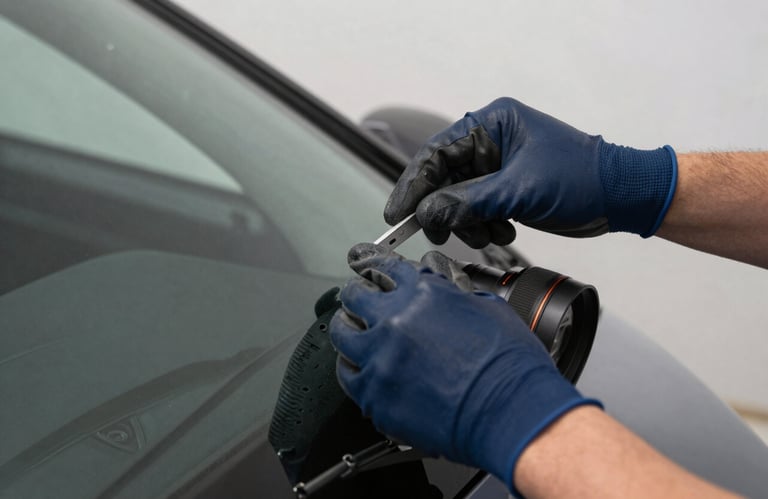Hands of a professional technician in navy blue work gloves carefully inspecting the edge of a newly installed windshield, North American setting.