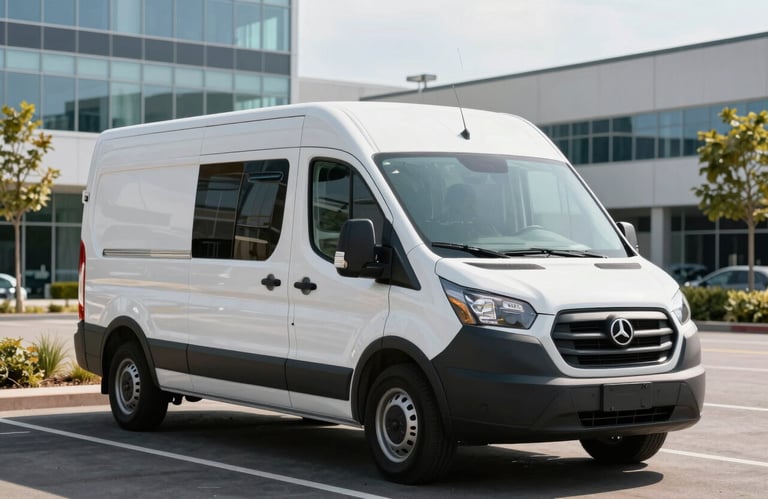 A mobile glass repair van arriving at a modern North American office parking complex. The setting is professional and the lighting is bright and airy.