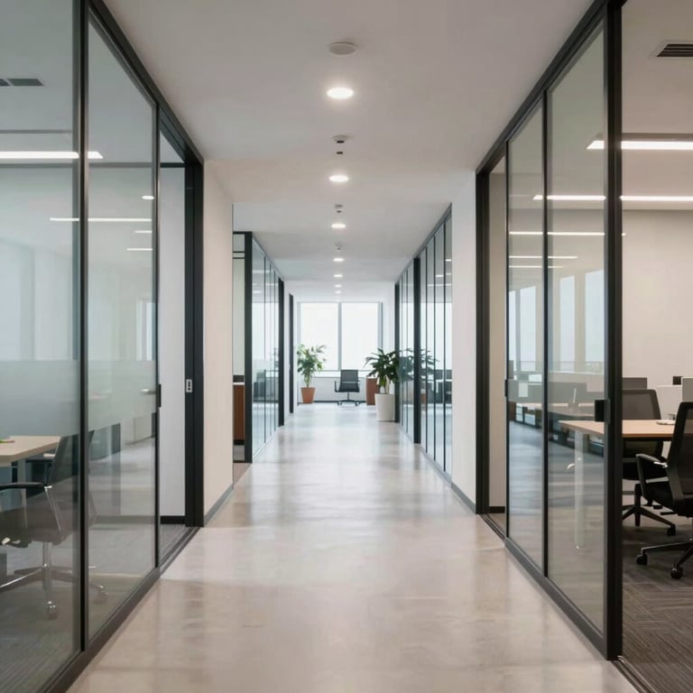 A professional wide shot of a bright, modern office hallway with glass partitions and clean lines. The floor is polished, reflecting soft overhead lighting. The atmosphere is quiet, efficient, and highly organized, representing a corporate property headquarters in the US.