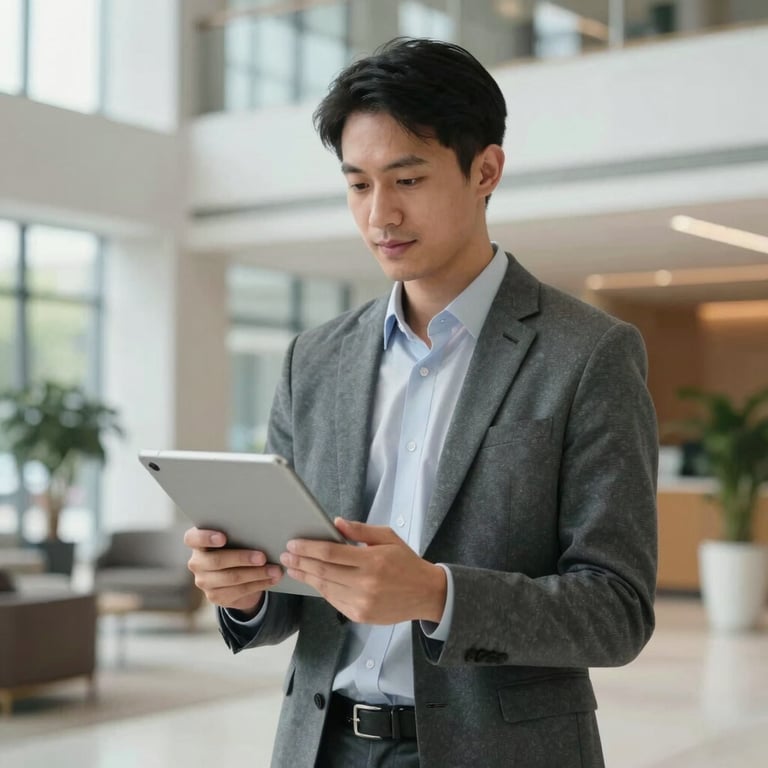 A professional property manager in business casual attire holding a tablet while standing in a bright, modern building lobby in the US. The person is focused and approachable, conveying a sense of modern, tech-enabled service and professional care.