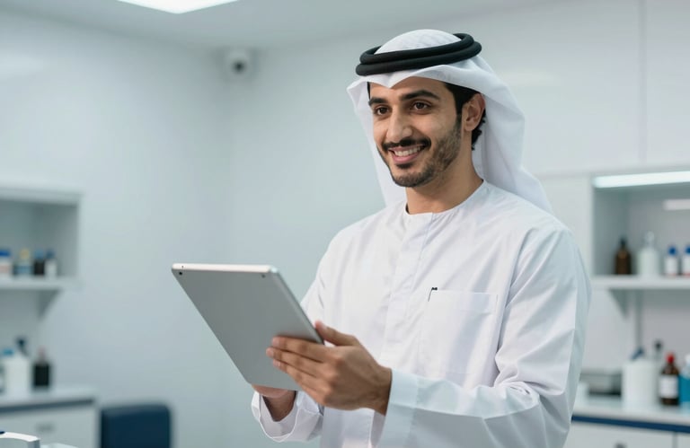 A professional in a Middle Eastern / Gulf repair center environment, holding a digital tablet and smiling confidently. Background shows pale arctic white walls and soft sky blue highlights.