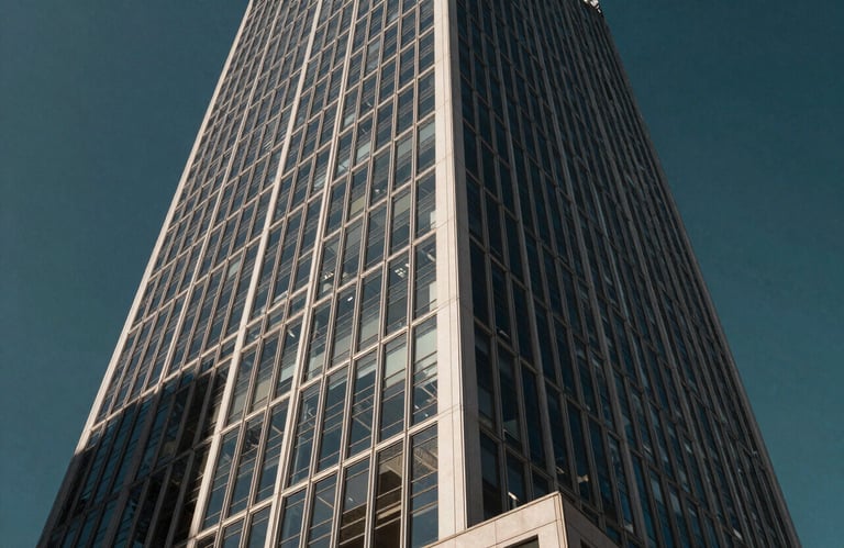 A wide angle photography of a modern Brazilian financial district building facade with geometric glass patterns reflecting a deep dark teal sky.