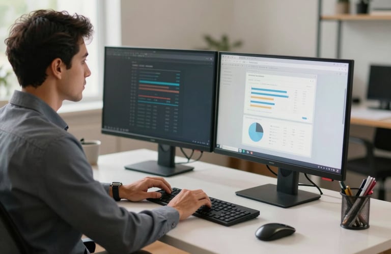 A professional South American person in business attire working at a clean desk with a dual-monitor setup in a contemporary home office.