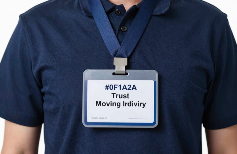 A sharp, high-quality photograph of a professional certification badge on a clean navy blue uniform (#0F1A2A), symbolizing trust and expertise in the moving industry.