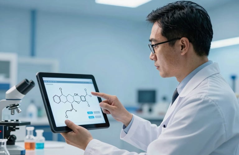 A professional educator in a lab coat pointing at a digital tablet screen showing chemical structures in a bright sky blue room.