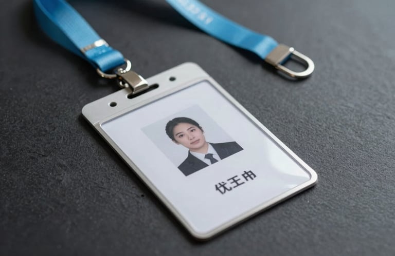 A sharp, close-up photograph of a professional identification badge with a sky blue lanyard resting on a dark charcoal surface, representing professional credentialing.
