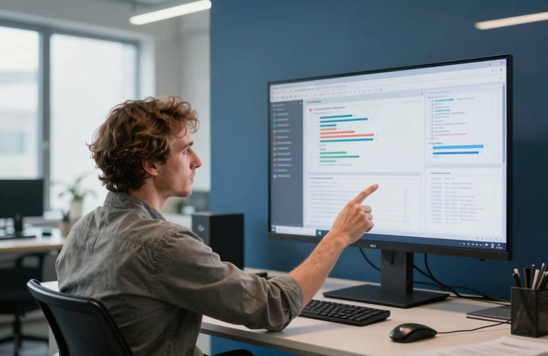 A professional Western European / Dutch marketer analyzing data on a large screen in a bright, modern steel blue office.