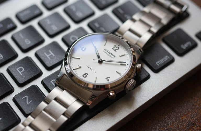 A macro photograph of a high-end keyboard and a sleek professional watch resting on a desk, symbolizing punctuality, meticulous attention to detail, and reliability.