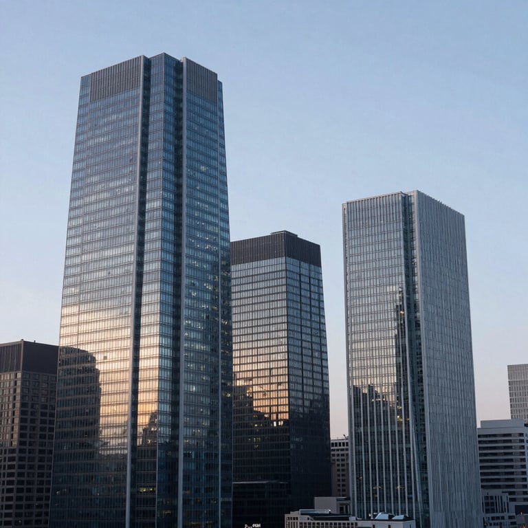 A view of a modern city skyline with glass buildings reflecting a Soft Frost sky, symbolizing growth and efficiency.