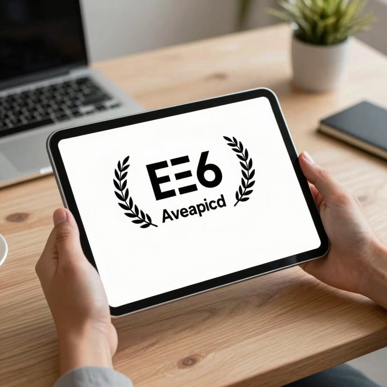 Hands holding a tablet showing a clean, modern interface in a professional workspace.