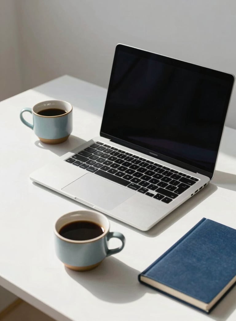 A minimalist and modern desk workspace featuring a high-end laptop, a ceramic cup of coffee, and soft morning sunlight. The color palette includes accents of Soft Grayish Blue and Deep Navy Blue in the accessories, conveying efficiency and focus.