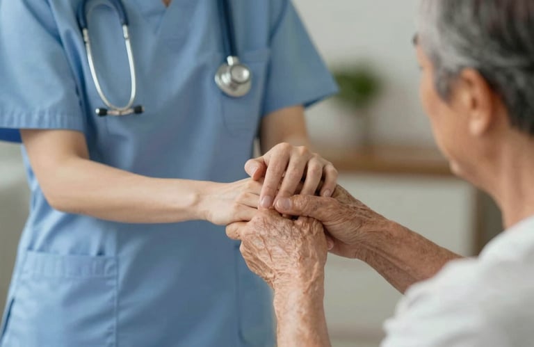 A nurse kindly holding an elderly patient's hand. Warm, compassionate lighting, emphasizing patient-centric care and the brand's trustworthy mood.