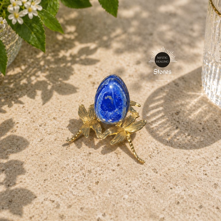 Polished blue lapis lazuli egg crystal displayed on a decorative gold dragonfly stand.