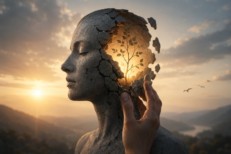 Surreal stone sculpture of a woman with a glowing tree growing inside her cracked head during a sunset.