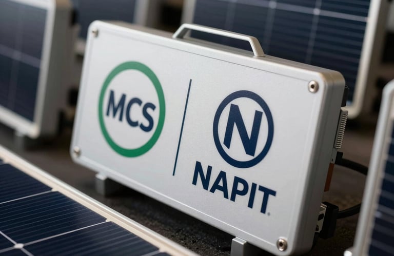 A close-up photograph of official certification logos for MCS and NAPIT displayed on high-quality solar hardware, clean and professional lighting.