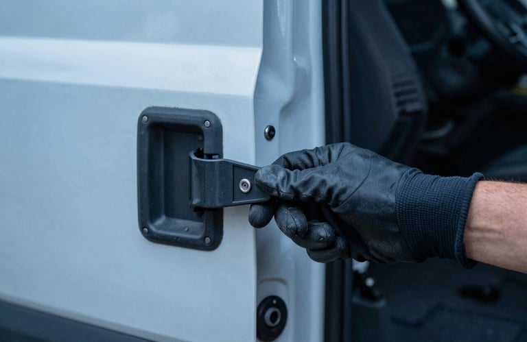A gloved hand securing a cargo latch on the interior of a transport van. Focus is on efficiency and safety, with steel blue lighting.