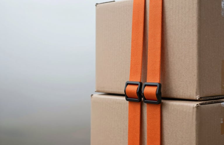 A close-up shot of heavy-duty orange moving straps and a stack of clean cardboard boxes, symbolizing security and preparation. Background in pale mist.