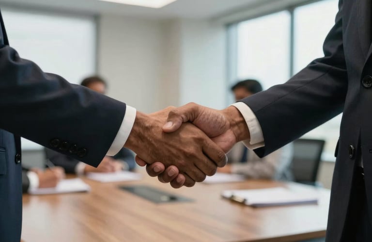 A professional handshake between two business partners in a South Asian boardroom, focus on hands, professional attire, modern setting with natural light.