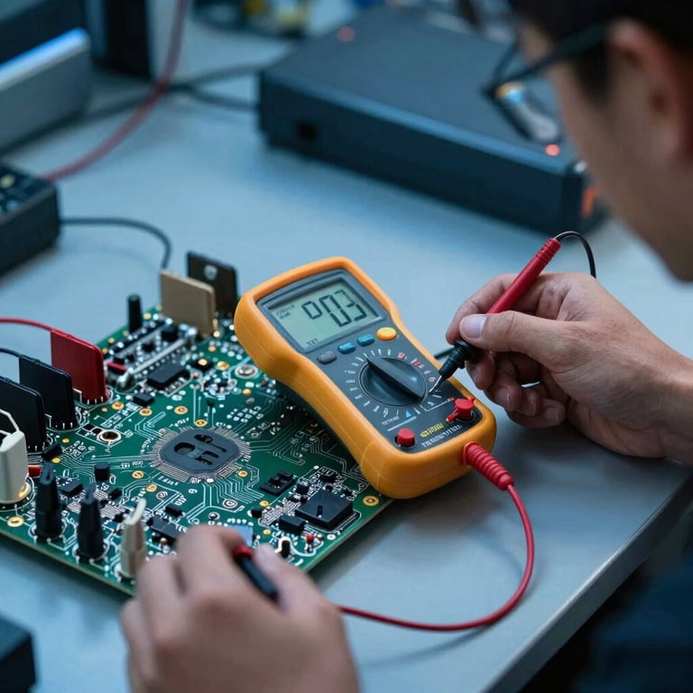 A technician using a digital diagnostic multimeter to test a complex circuit board in a cool electric blue lit North American / US setting.