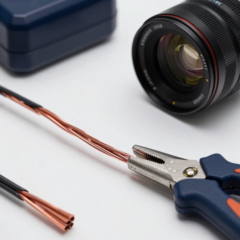 Close-up of high-quality electrical copper wiring and professional tools on a clean workspace, high contrast dark navy and white lighting.