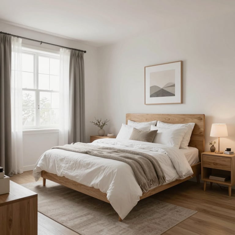 Cozy and modern bedroom with soft lighting and minimalist decor.