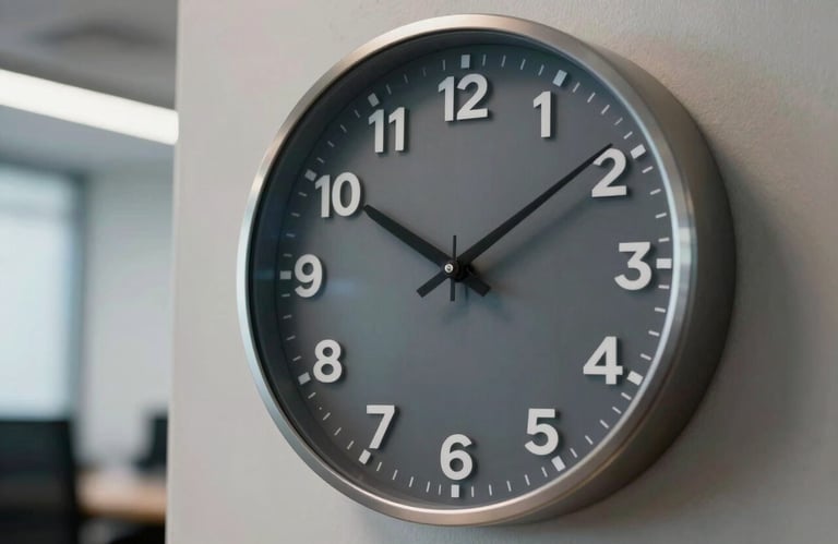 Close-up of a high-end analog wall clock in a soft grey and steel blue office environment, representing time saved through automation.