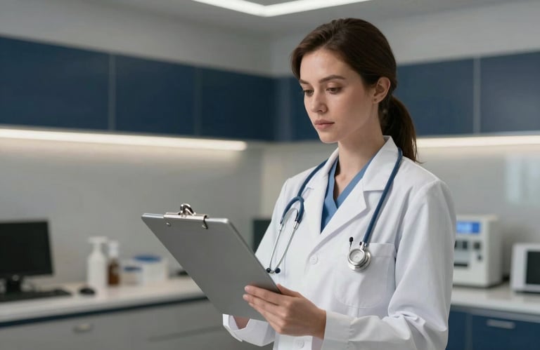 A professional female doctor in a white coat holding a digital medical file, looking confident in a premium clinic environment, steel gray and navy accents.