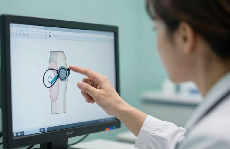 Close-up of a medical professional explaining a procedure on a screen to a patient, emphasizing trust and clarity, soft teal background.