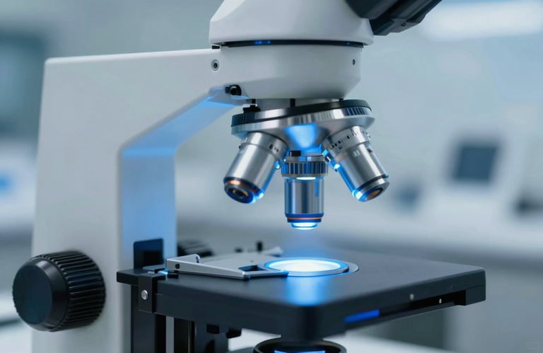 Sleek medical laboratory setting with an abstract view of a microscope lens and bright blue light. Clean, sterile, and premium aesthetic, focusing on medical innovation. Colors: #007BFF and #F5F5F5.