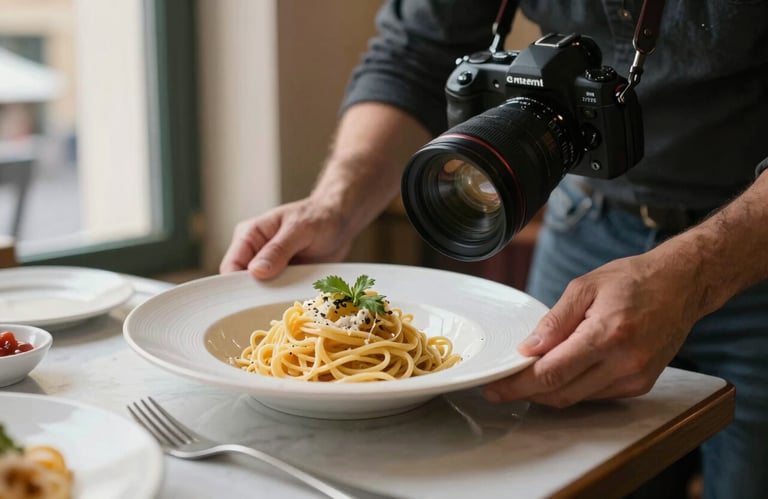 A professional photographer adjusting a plate of fresh pasta for a content shoot, soft side-lighting from a window, Western European bistro setting.