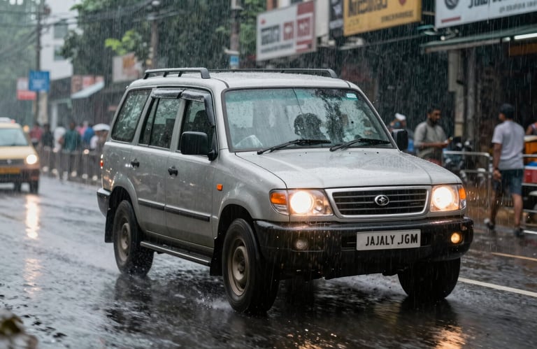 A high-speed photograph of a vehicle moving through monsoon rain in a South Asian / Indian urban environment, focus on the sensors, cinematic lighting.