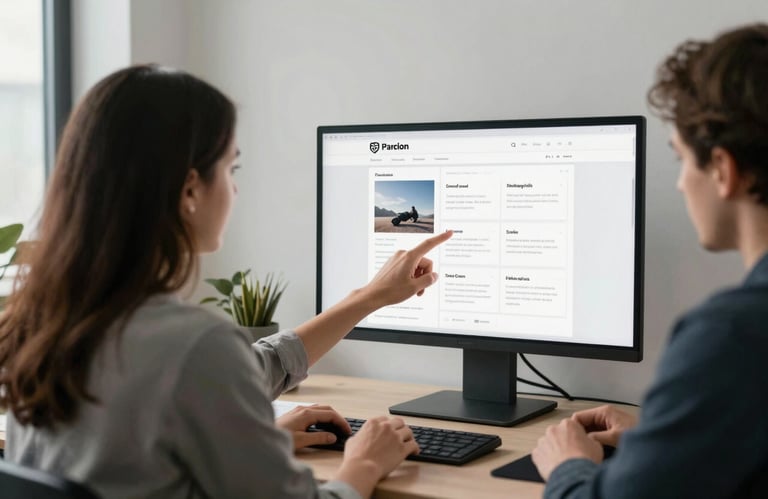 A professional collaborative environment where a team is reviewing a website wireframe on a large monitor in a clean, minimalist office.