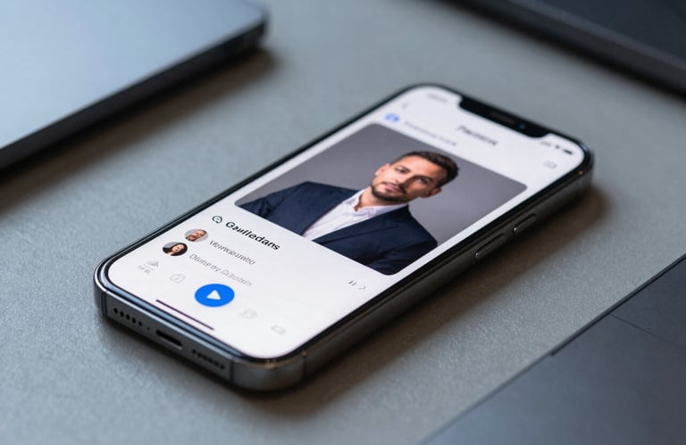 A macro shot of a sleek smartphone showing a professional application interface, resting on a soft grey surface with technical steel blue accents.