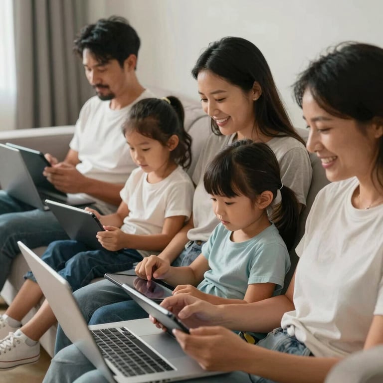 A happy North American family in a modern living room, with multiple people using tablets and laptops simultaneously with smooth, lag-free performance.